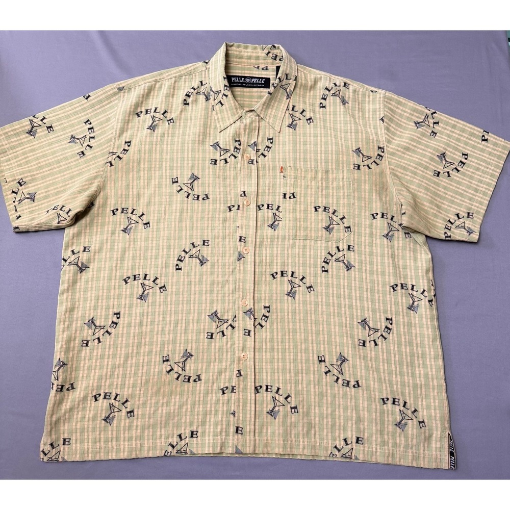 Pelle Pelle Shirt Mens XXL Green Logo Print‎ Button Up Y2K Rayon Streetwear